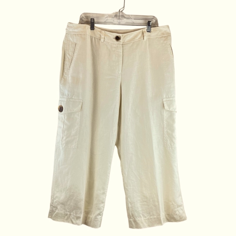 Anne Klein 100% Linen Cargo Pants Cropped Cream High Rise Sz 14